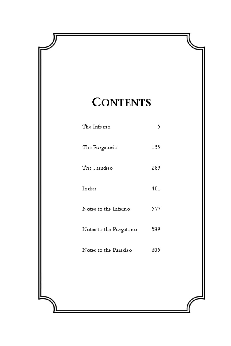 Dante: The Divine Comedy - Table of Contents 1